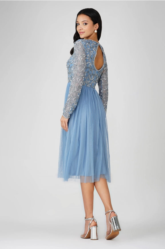 Mandarin Embellished Midi Dress in Powder Blue from Lace & Beads Mandarin Embellished Midi Dress in Powder Blue from Lace & Beads