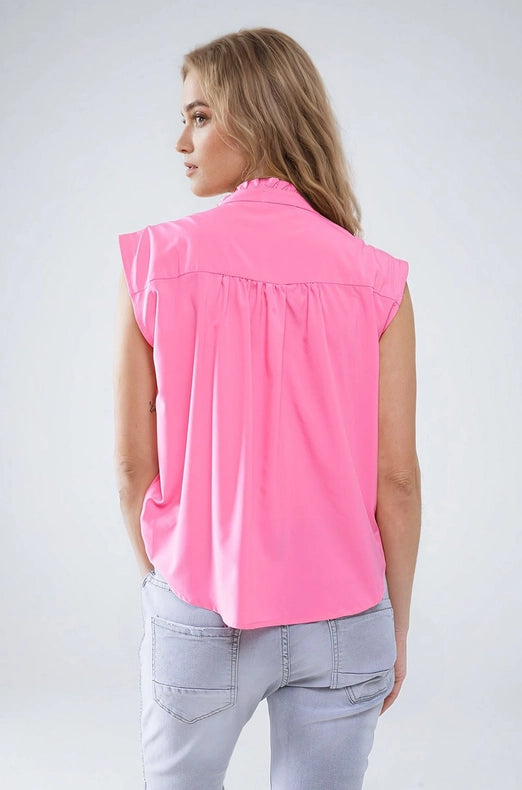 Mao Collar Sleeveless Pink Button Up Blouse-Blouse-Q2-S-Pink-Urbanheer