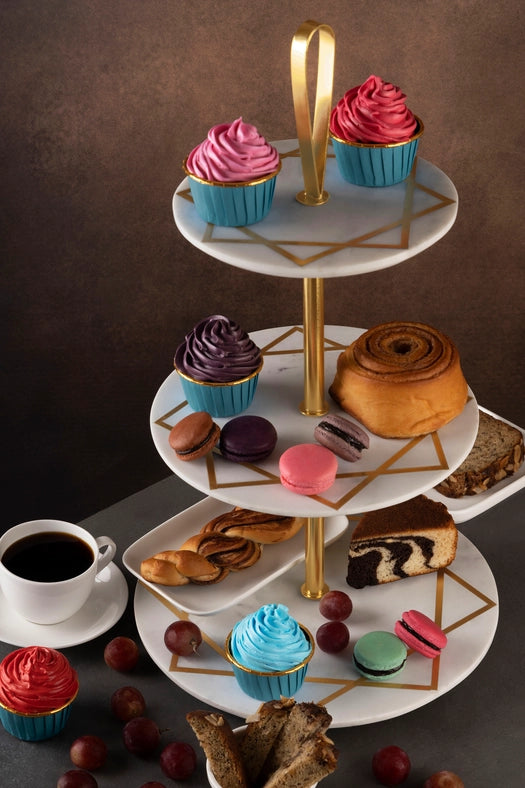 Marbella Three Tier Marble Cake Stand-Cake Stand-GAURI KOHLI-12 x 12 x 21 in (30.5 x 30.5 x 53.3 cm)-Urbanheer