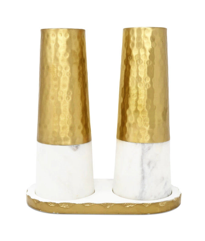 Marble And Gold Salt & Pepper Shaker Set On Tray-Shaker Set-CLASSIC TOUCH DECOR INC.-8"L x 4"W x9"H-Urbanheer