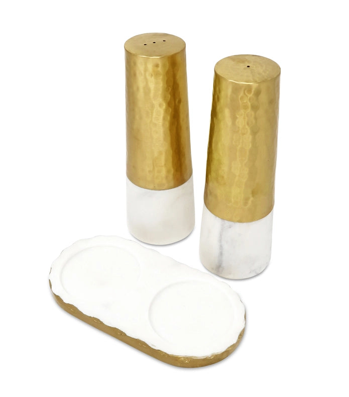 Marble And Gold Salt & Pepper Shaker Set On Tray-Shaker Set-CLASSIC TOUCH DECOR INC.-8"L x 4"W x9"H-Urbanheer