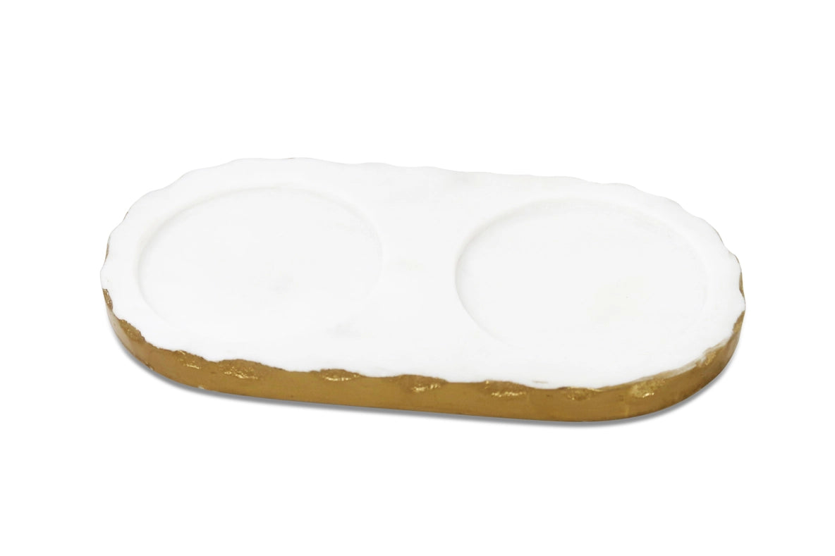 Marble And Gold Salt & Pepper Shaker Set On Tray-Shaker Set-CLASSIC TOUCH DECOR INC.-8"L x 4"W x9"H-Urbanheer