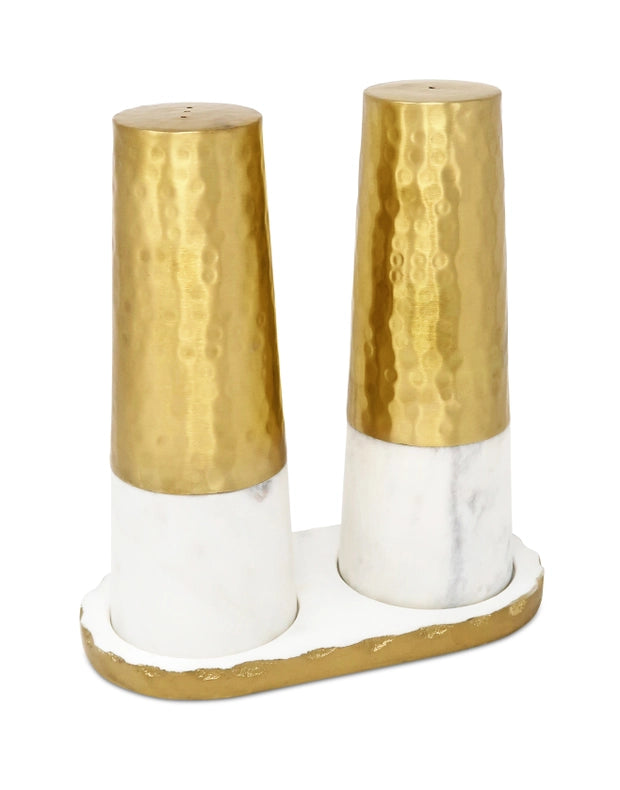 Marble And Gold Salt & Pepper Shaker Set On Tray-Shaker Set-CLASSIC TOUCH DECOR INC.-8"L x 4"W x9"H-Urbanheer