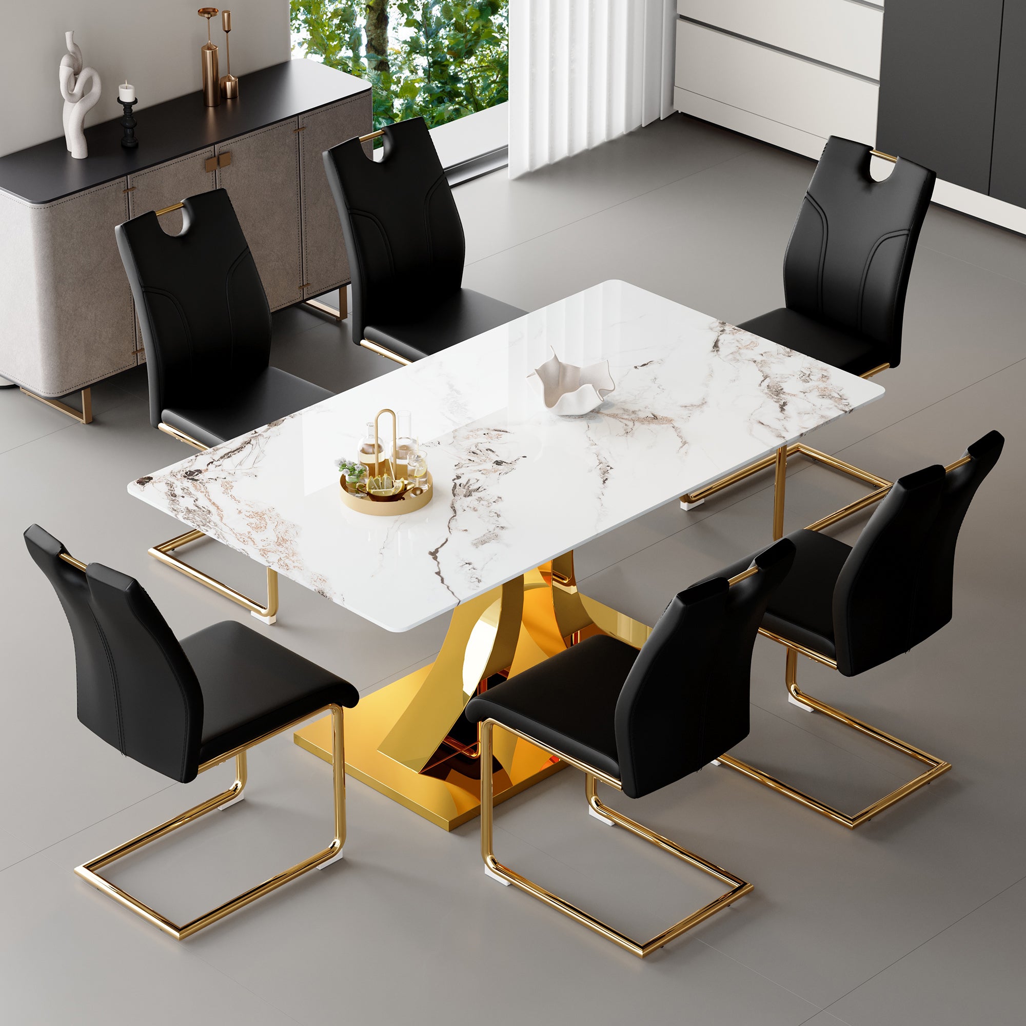 Marble-patterned pressed glass dining table and chair set with gold decoration: 63-inch foldable dining table and 6 U-shaped armchairs (black) - modern and minimalist style