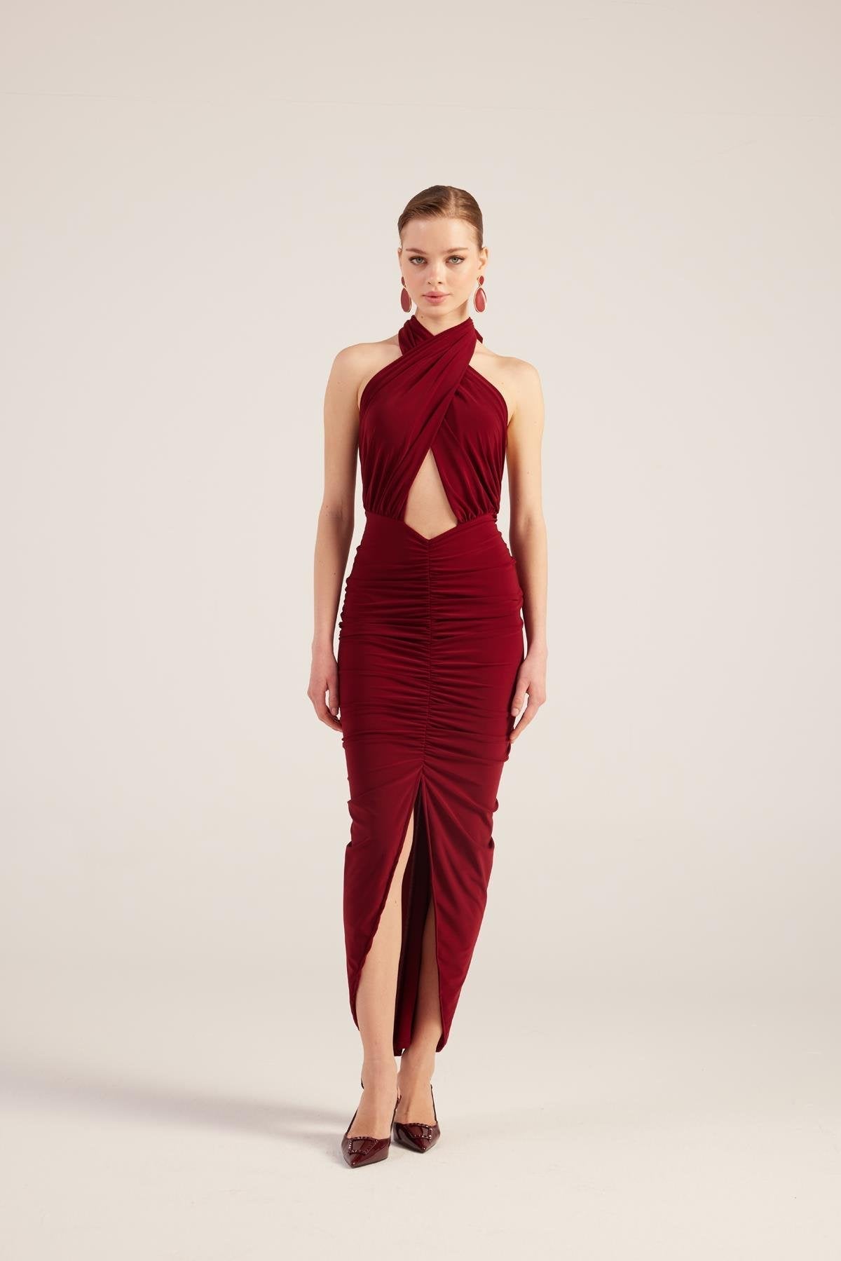 Marie Burgundy Backless Slit Maxi Dress-Sheath Dresses-Buy Me Fur Ltd-Burgundy-XS-Polyester - Elastane Blend-Urbanheer