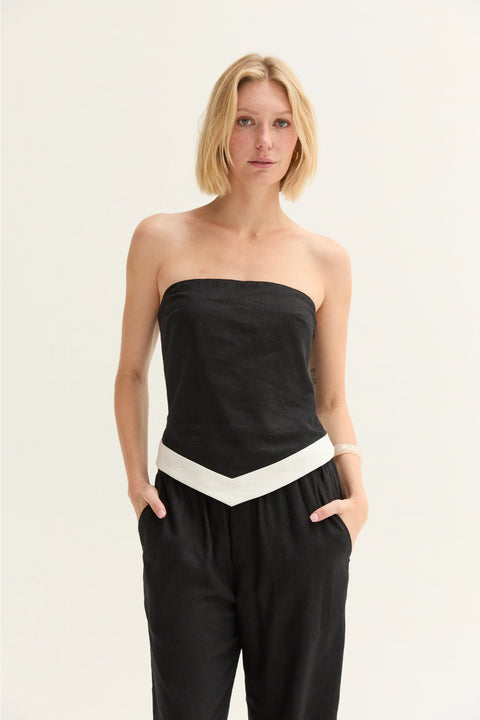 Maris Linen Blend Contrast Asymmetric Hem Tube Top