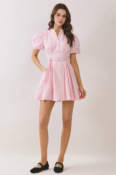 Matching Belted Puff Sleeve Mini Dress