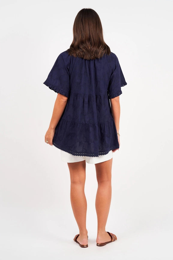 Matilda Short Sleeve Top Paisley Schiffli-Top-Naudic-XS-Navy-Urbanheer