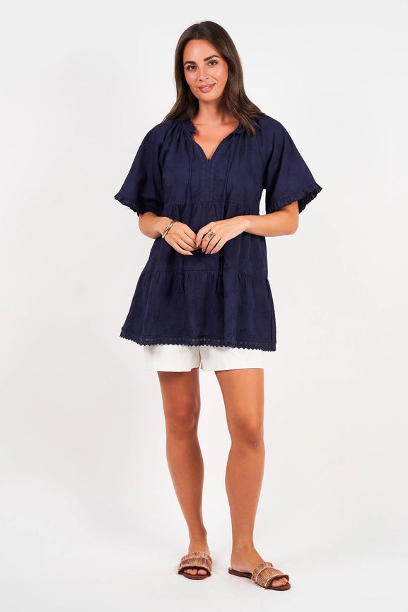 Matilda Short Sleeve Top Paisley Schiffli-Top-Naudic-XS-Navy-Urbanheer