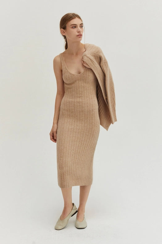 Mave Brushed Ribbed Sweater Dress Two-Piece Set-Set-Crescent-XS-BEIGE-Urbanheer
