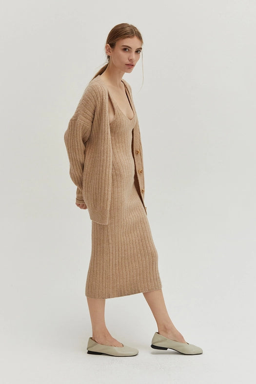 Mave Brushed Ribbed Sweater Dress Two-Piece Set-Set-Crescent-XS-BEIGE-Urbanheer