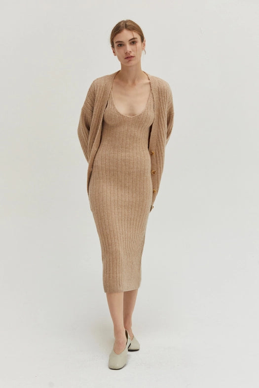 Mave Brushed Ribbed Sweater Dress Two-Piece Set-Set-Crescent-XS-BEIGE-Urbanheer