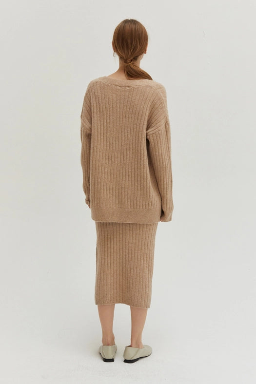 Mave Brushed Ribbed Sweater Dress Two-Piece Set-Set-Crescent-XS-BEIGE-Urbanheer