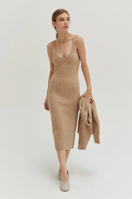 Mave Brushed Ribbed Sweater Dress Two-Piece Set-Set-Crescent-XS-BEIGE-Urbanheer