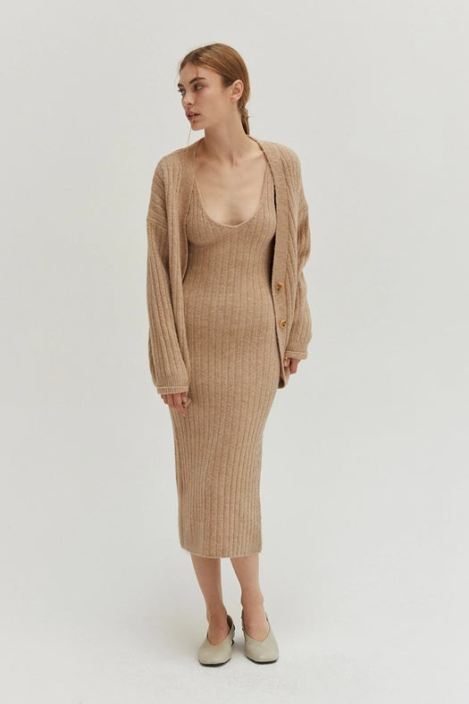 Mave Brushed Ribbed Sweater Dress Two-Piece Set-Set-Crescent-XS-BEIGE-Urbanheer