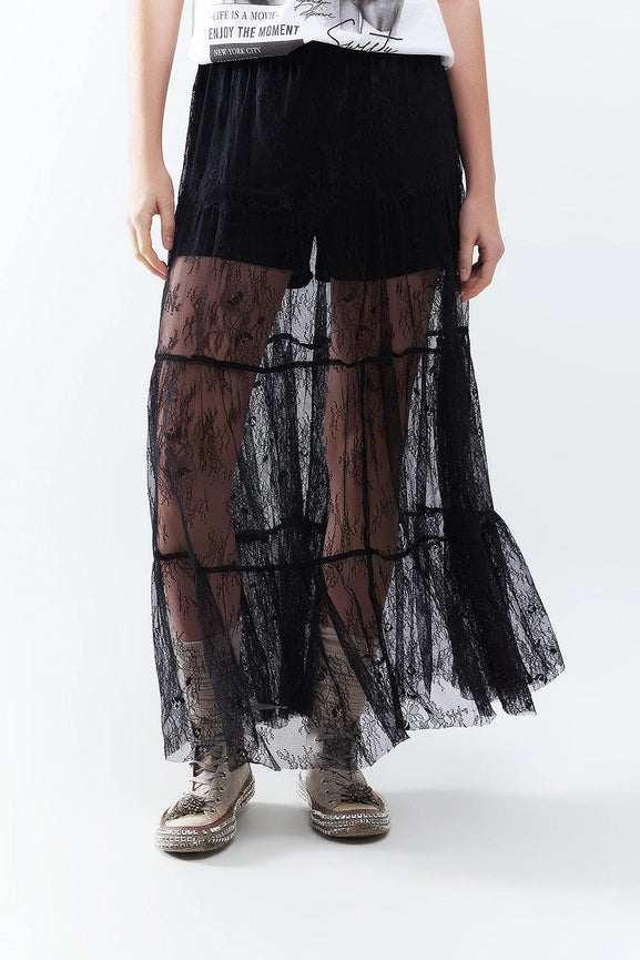 Maxi Black Lace Skirt with Floral Print-Skirt-Q2-S-BLACK-Urbanheer