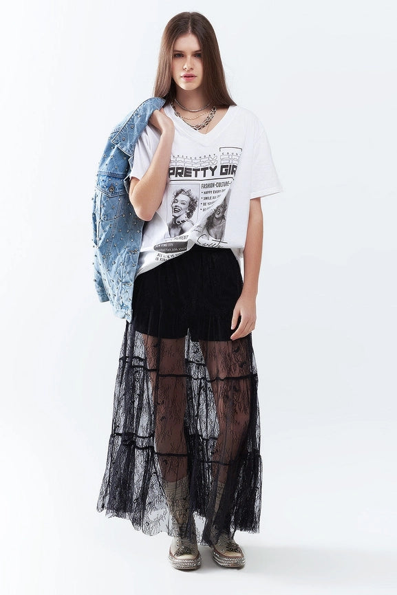 Maxi Black Lace Skirt with Floral Print-Skirt-Q2-S-BLACK-Urbanheer