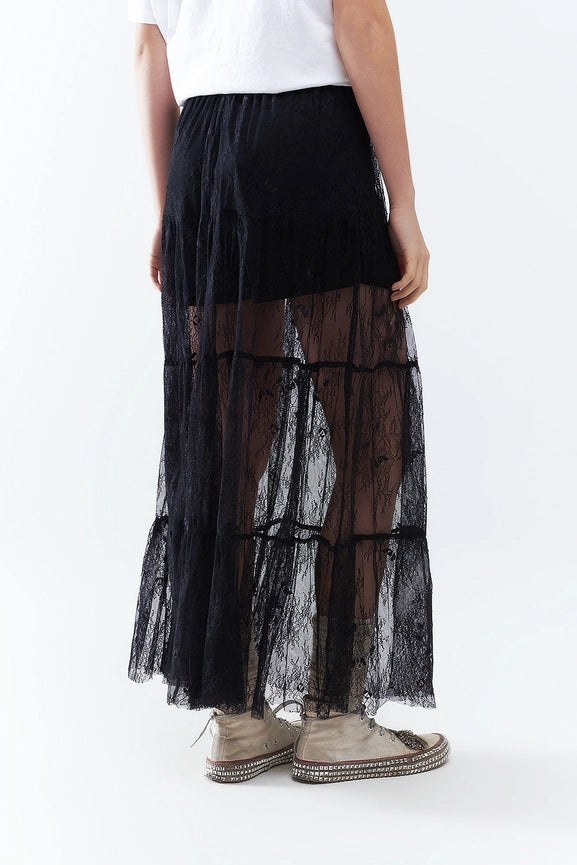 Maxi Black Lace Skirt with Floral Print-Skirt-Q2-S-BLACK-Urbanheer