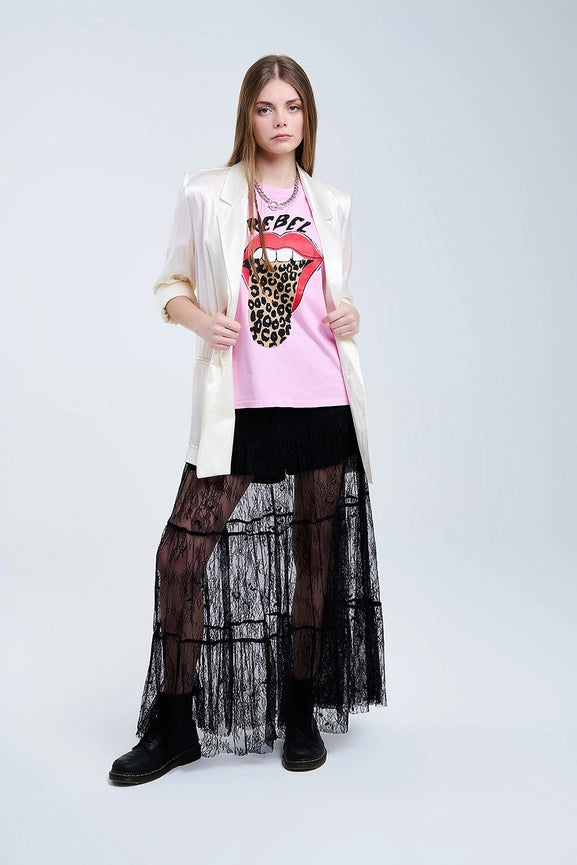 Maxi Black Lace Skirt with Floral Print-Skirt-Q2-S-BLACK-Urbanheer