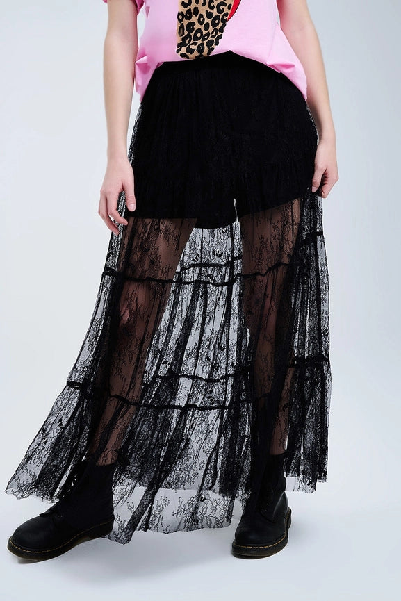 Maxi Black Lace Skirt with Floral Print-Skirt-Q2-S-BLACK-Urbanheer