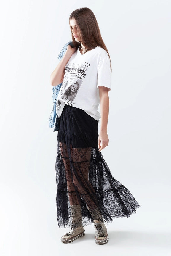 Maxi Black Lace Skirt with Floral Print-Skirt-Q2-S-BLACK-Urbanheer