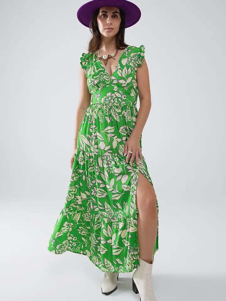 Maxi Cinched Waist Floral Print Dress in Green-Dress-Q2-S-Green-Urbanheer