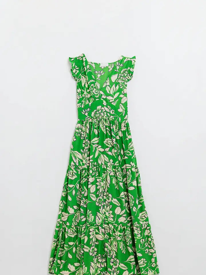 Maxi Cinched Waist Floral Print Dress in Green-Dress-Q2-S-Green-Urbanheer