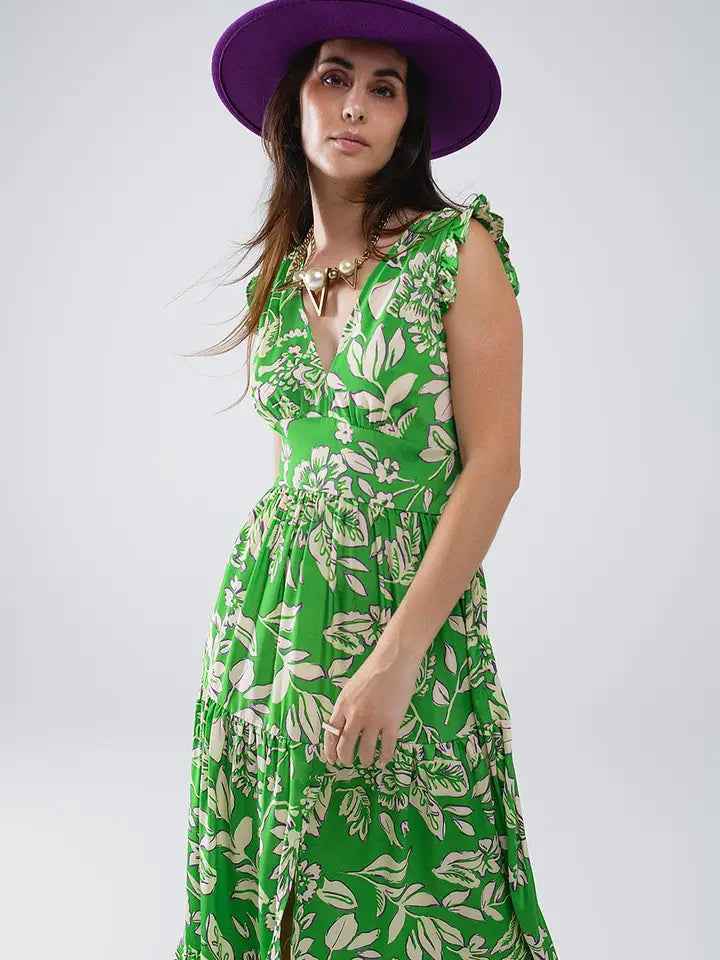 Maxi Cinched Waist Floral Print Dress in Green-Dress-Q2-S-Green-Urbanheer