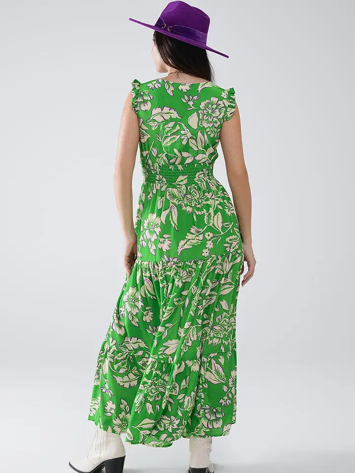 Maxi Cinched Waist Floral Print Dress in Green-Dress-Q2-S-Green-Urbanheer