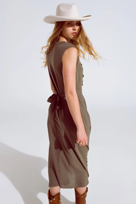 Maxi Dress In Khaki With Ruffle And Button Detail-Dress-Q2-S-Urbanheer