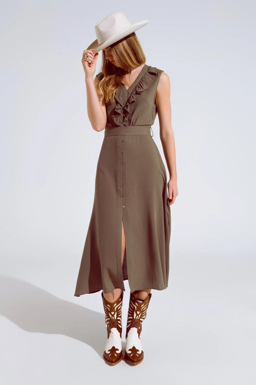 Maxi Dress In Khaki With Ruffle And Button Detail