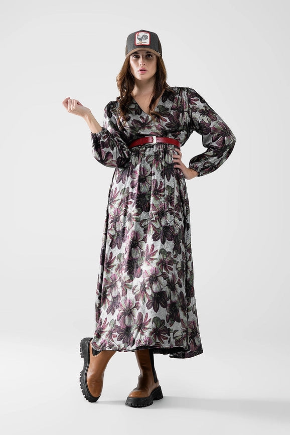 Maxi Dress with Metallic Effect Flower Print-Dress-Q2-S-Black-Urbanheer