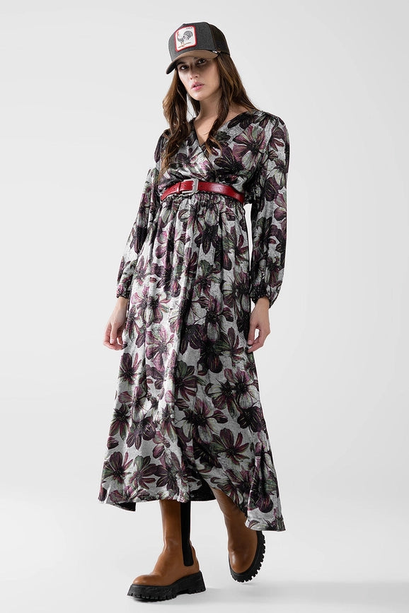 Maxi Dress with Metallic Effect Flower Print-Dress-Q2-S-Black-Urbanheer