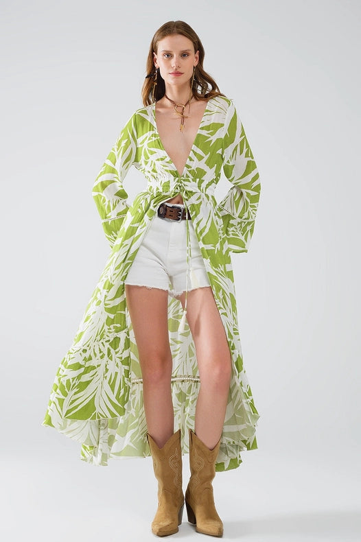 Maxi Green Kimono with Tropical Palm Print-Kimono-Q2-S-Green-Urbanheer