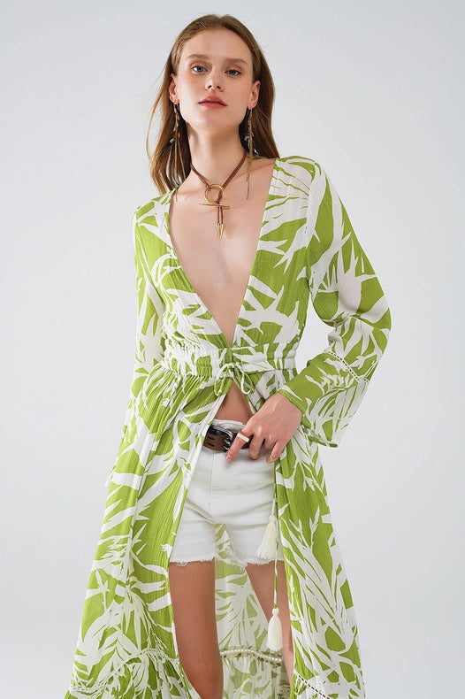 Maxi Green Kimono with Tropical Palm Print-Kimono-Q2-S-Green-Urbanheer