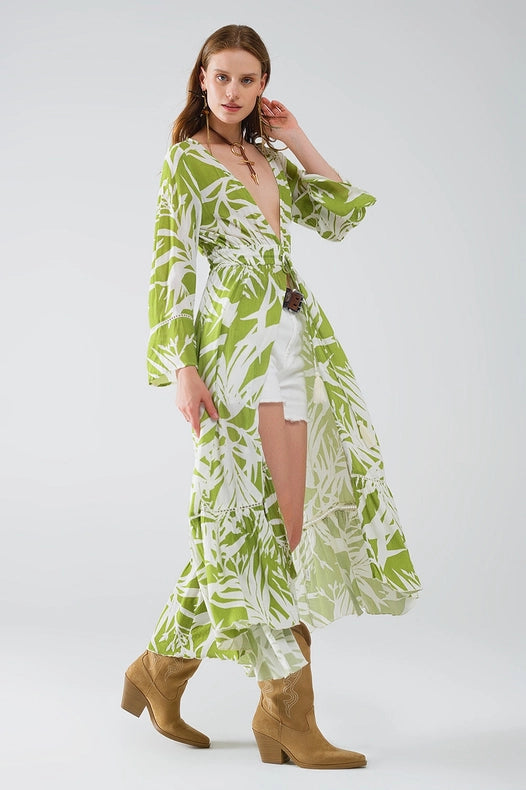 Maxi Green Kimono with Tropical Palm Print-Kimono-Q2-S-Green-Urbanheer