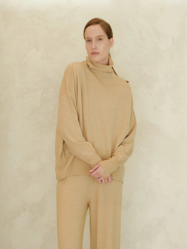 Maxi High-Neck Cashmere Blend Sweater (3D Knit)-Sweater-LÈMME-S-Beige-Urbanheer