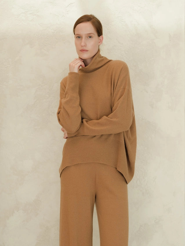 Maxi High-Neck Cashmere Blend Sweater (3D Knit)-Sweater-LÈMME-S-Caramel-Urbanheer