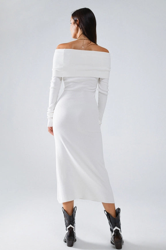 Maxi Knitted Foldover Badot Dress in White-Dress-Q2-OS-White-Urbanheer