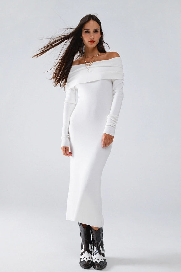 Maxi Knitted Foldover Badot Dress in White-Dress-Q2-OS-White-Urbanheer