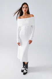 Maxi Knitted Foldover Badot Dress in White-Dress-Q2-OS-White-Urbanheer
