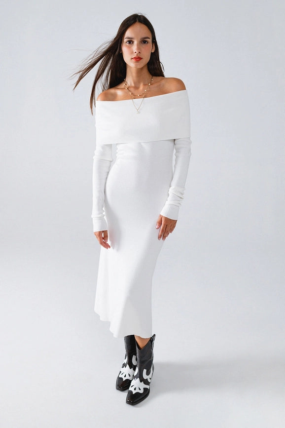 Maxi Knitted Foldover Badot Dress in White-Dress-Q2-OS-White-Urbanheer