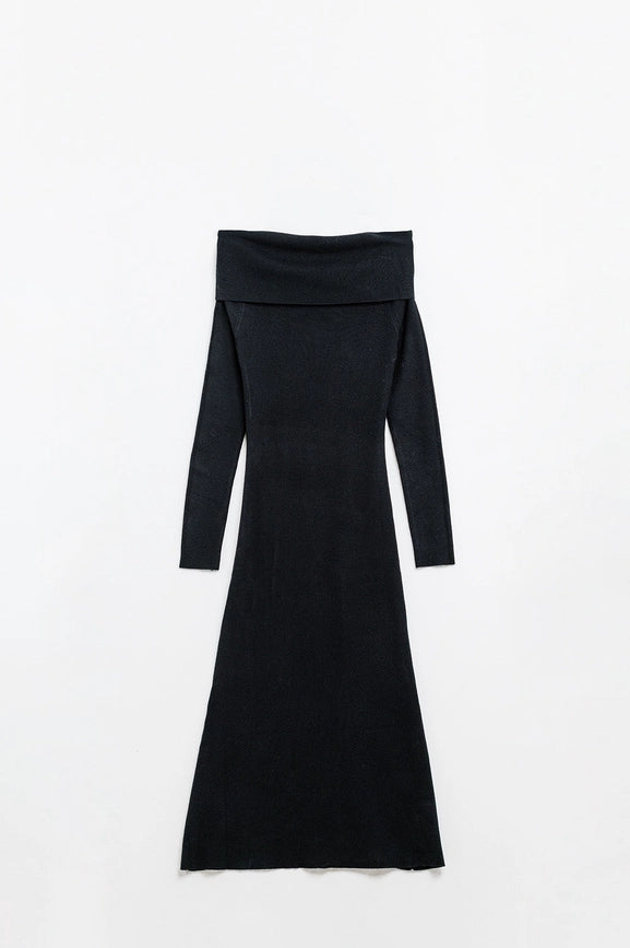 Maxi Knitted Wide Bardot Dress in Black-Dress-Q2-OS-Black-Urbanheer