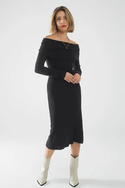 Maxi Knitted Wide Bardot Dress in Black-Dress-Q2-OS-Black-Urbanheer