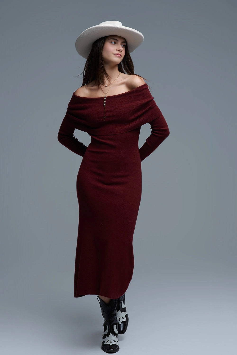 Maxi Knitted Wide Bardot Dress in Burgundy