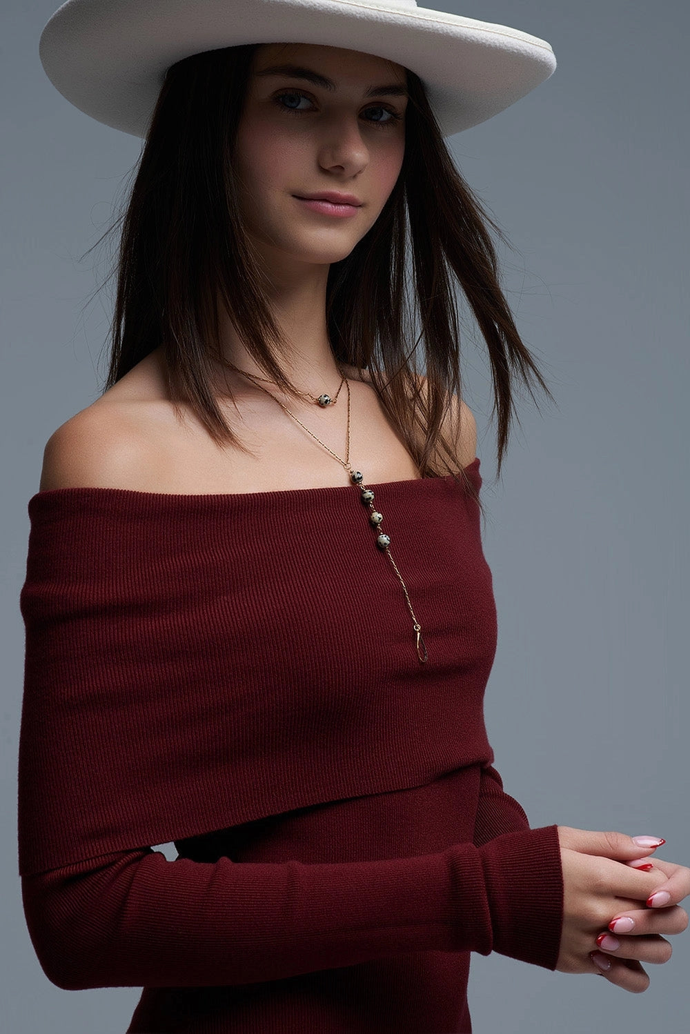 zendaya burgundy dress Maxi Knitted Wide Bardot Dress in Burgundy from Q2 exclusive at – Urbanheer