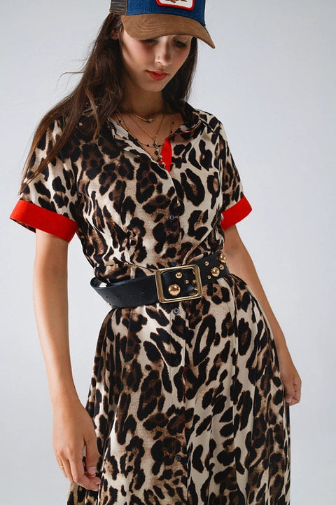 Maxi Leopard Button-Down Dress with Red Details-Dress-Q2-S-Brown-Urbanheer