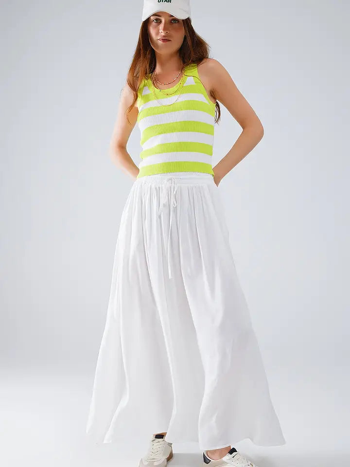 Maxi Skirt in White Fluid Fabric with Elastic Waist-Skirt-Q2-L-WHITE-Urbanheer
