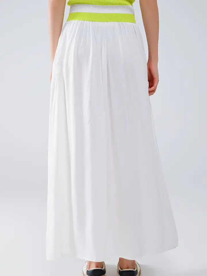 Maxi Skirt in White Fluid Fabric with Elastic Waist-Skirt-Q2-L-WHITE-Urbanheer