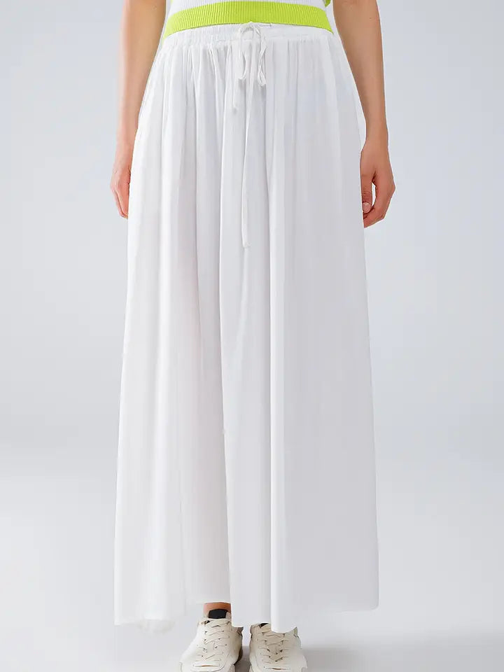 Maxi Skirt in White Fluid Fabric with Elastic Waist-Skirt-Q2-L-WHITE-Urbanheer
